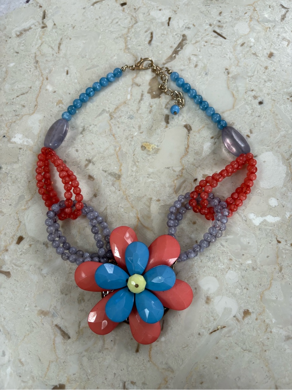 Colorful Floral Beaded Necklace - Coral, Blue & Lavender